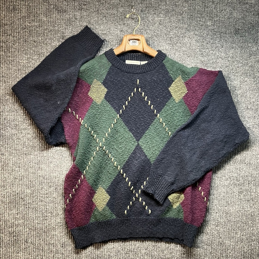 Vintage Claiborne Sweater Mens XL Navy Green Purple Cotton Argyle Crewneck 90s‎